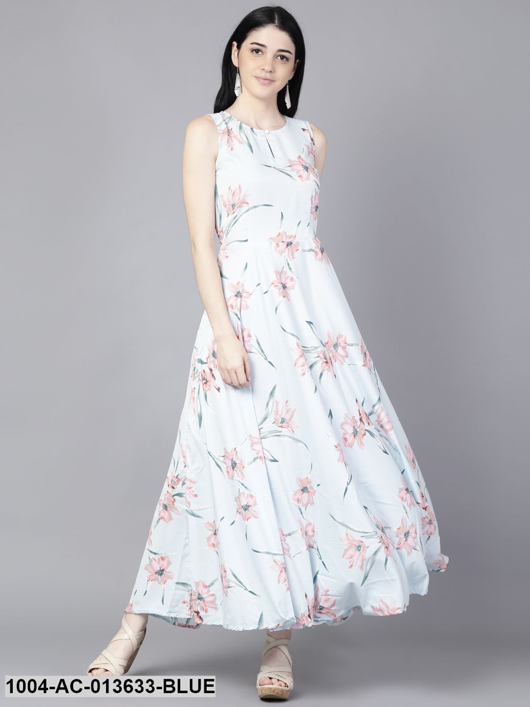 Powder Blue Floral Printed Round Neck Fit and Flare Dress