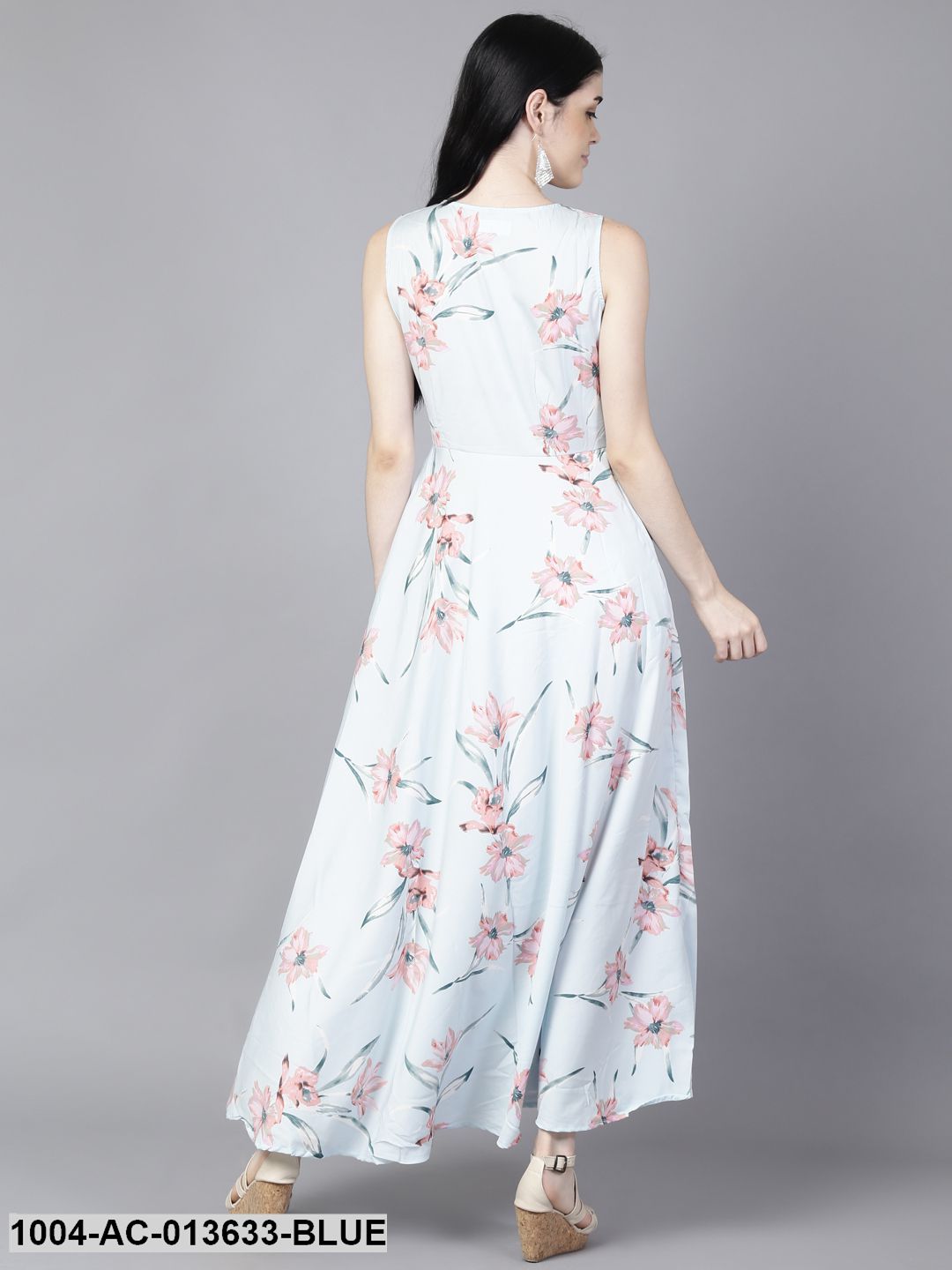 Powder Blue Floral Printed Round Neck Fit and Flare Dress
