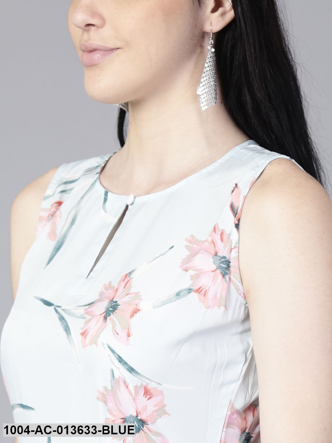Powder Blue Floral Printed Round Neck Fit and Flare Dress