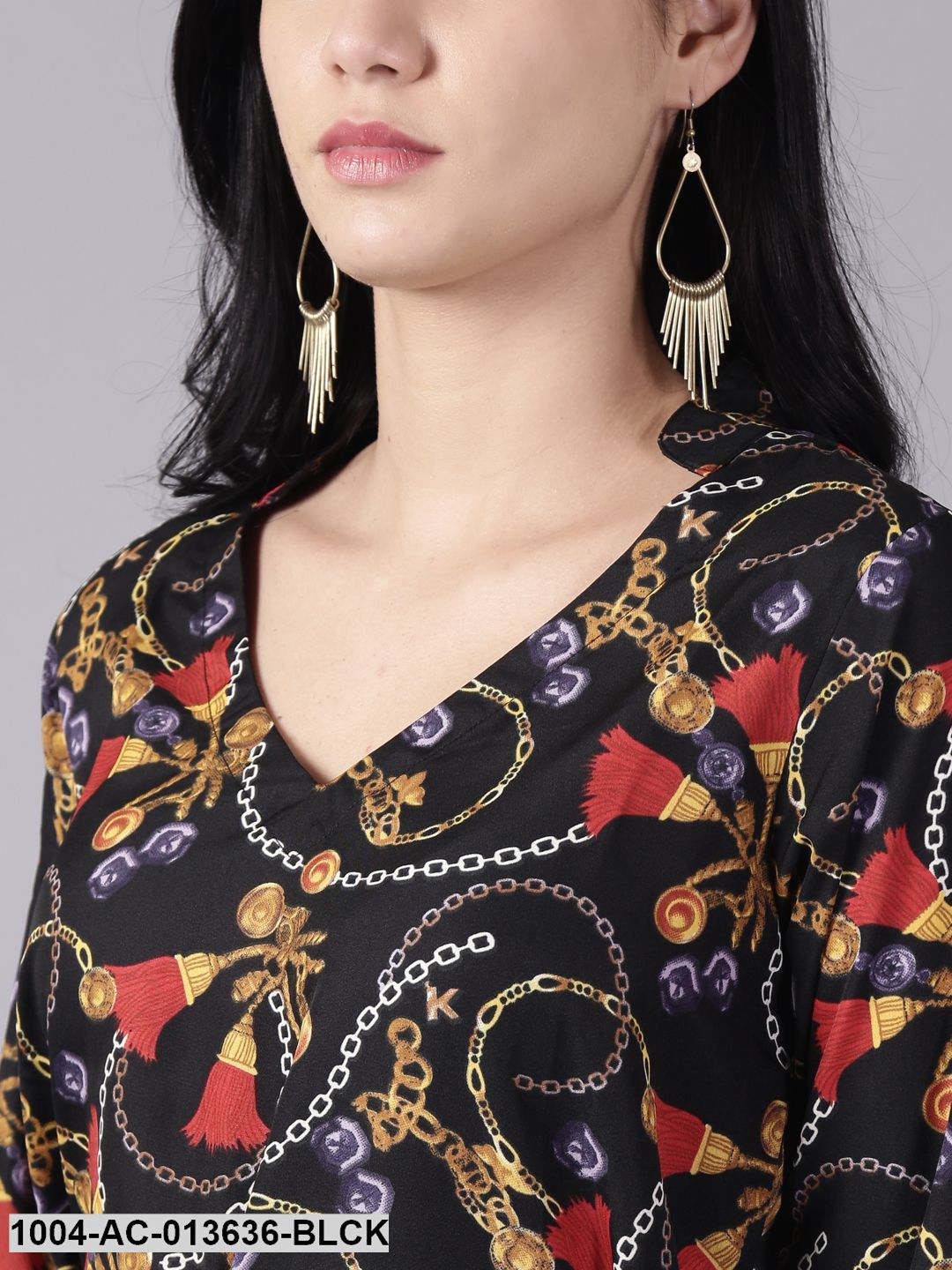 Black Conversational Printed Mandarin Collar A-Line Dress