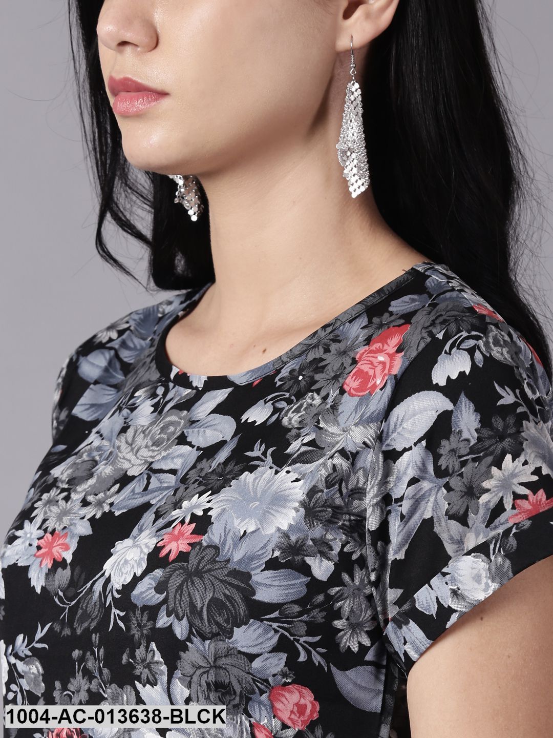 Black Floral Printed Round Neck A-Line Dress