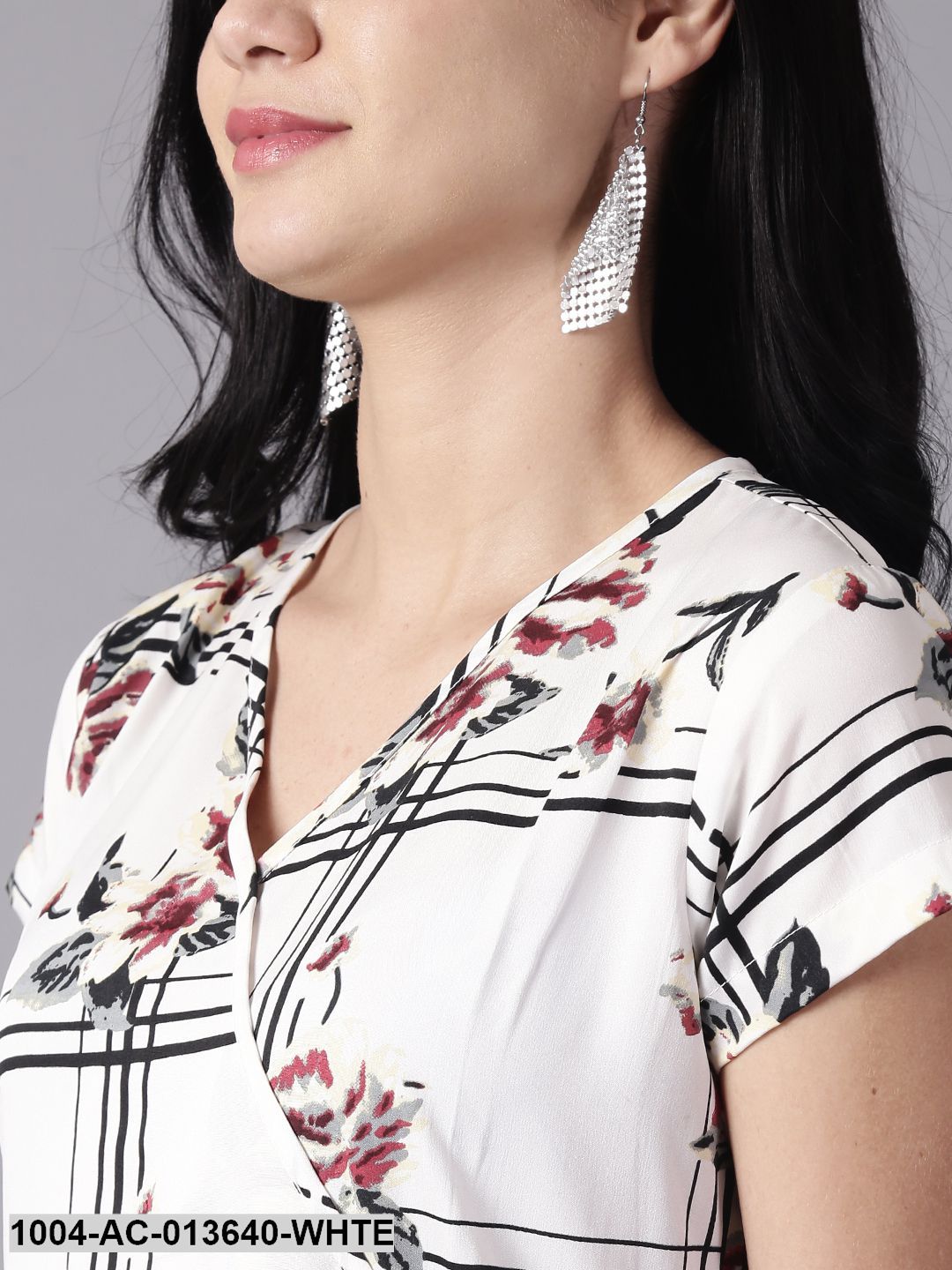 White Floral Printed V-Neck Fit and Flare Dress