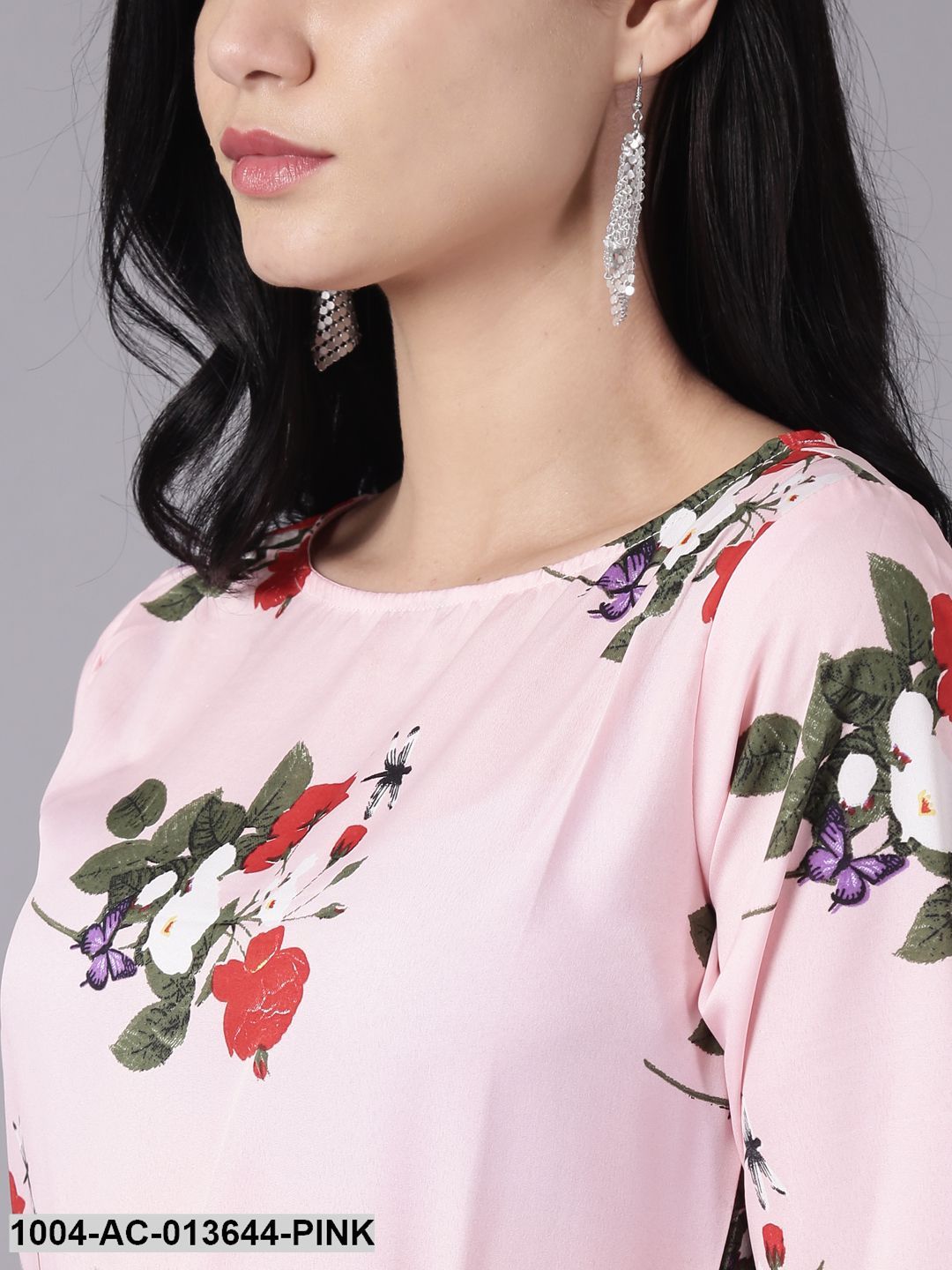 Pink Floral Printed Round Neck A-Line Dress