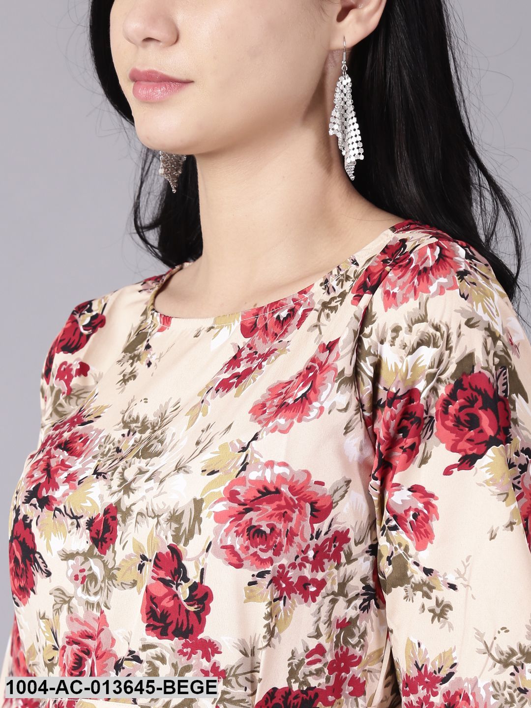 Beige Floral Printed Round Neck A-Line Dress