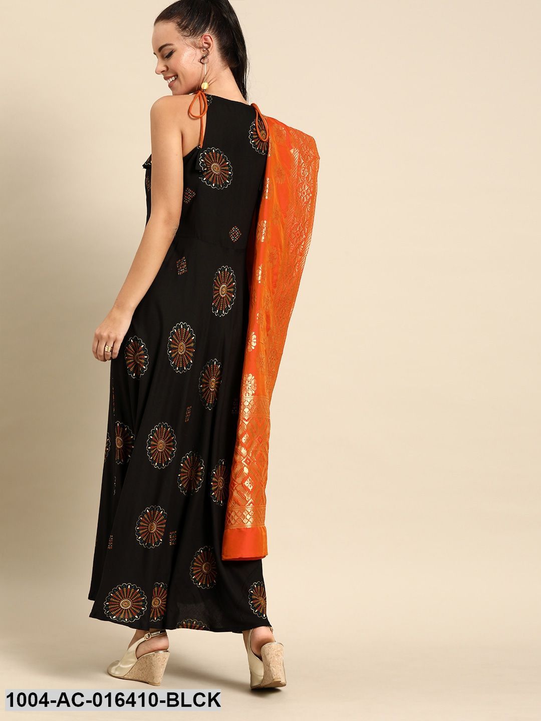 Black Floral Printed Halter Neck Viscose Rayon Fit and Flare Dress