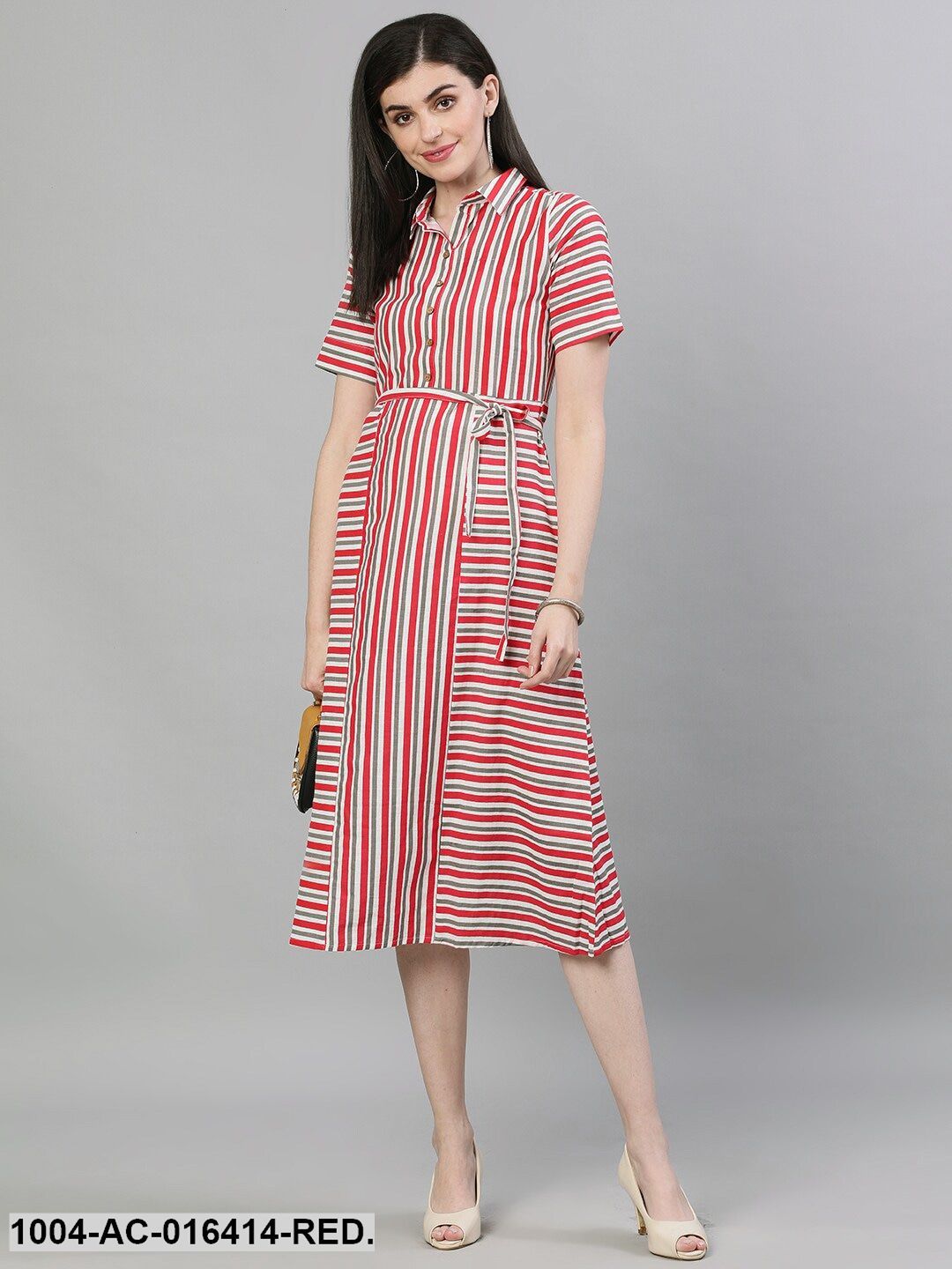 Red Striped Striped Shirt Collar Cotton A-Line Dress