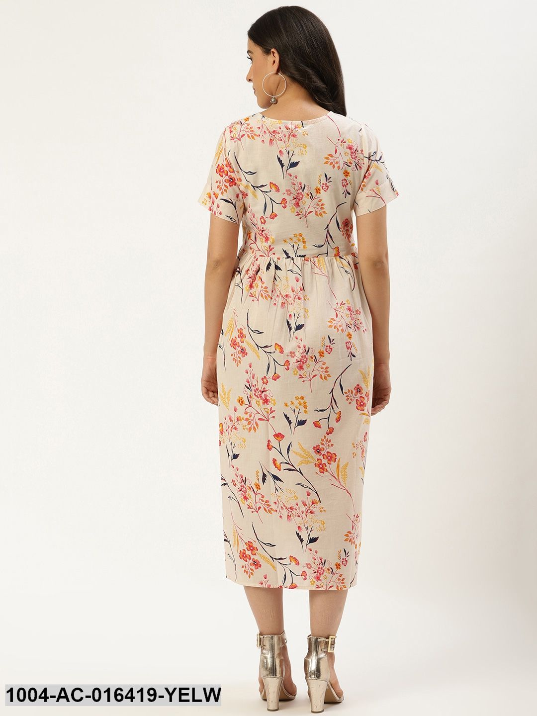 Yellow Floral Printed Round Neck Cotton A-Line Dress
