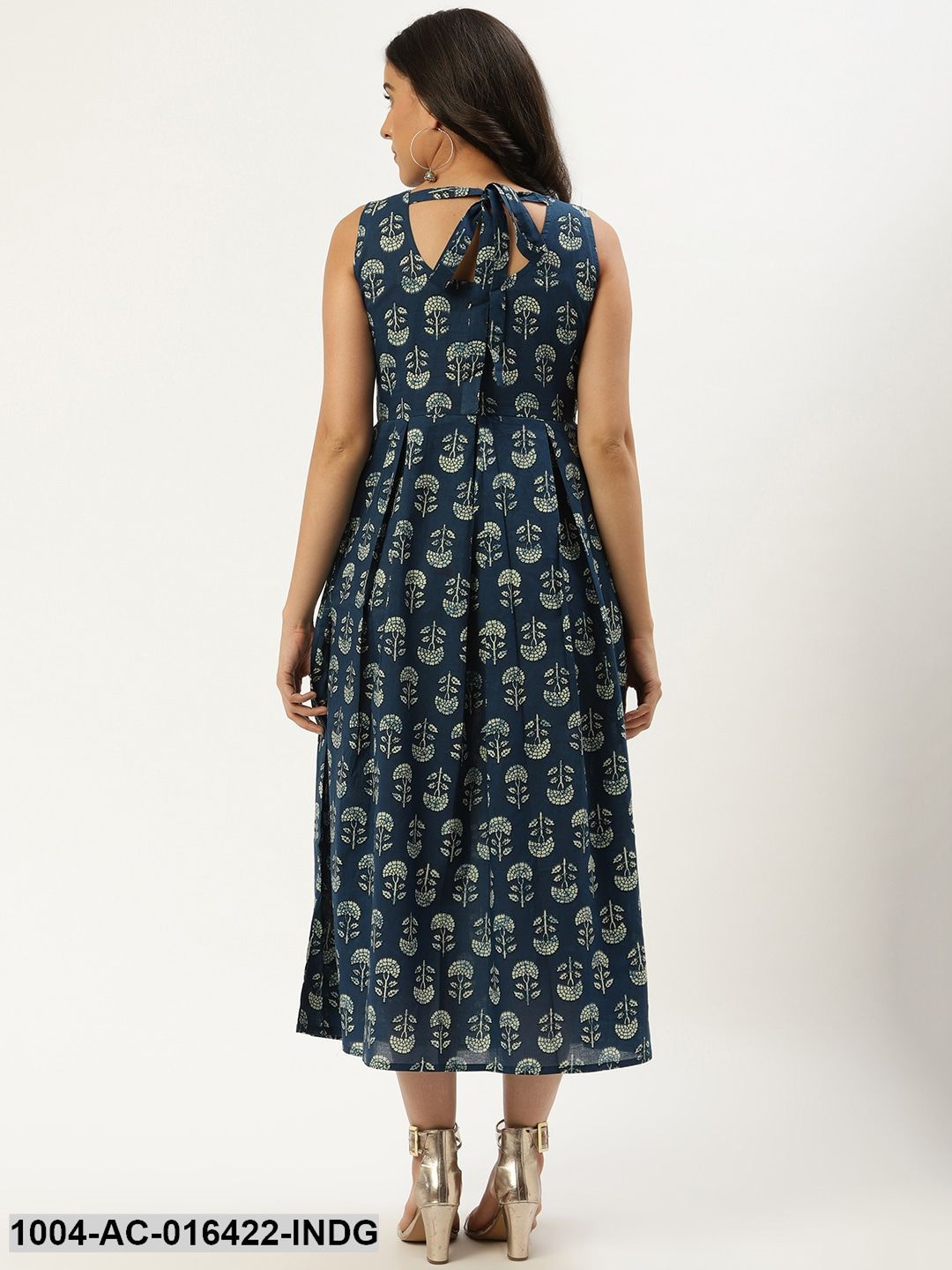 Indigo Blue Floral Printed V-Neck Cotton A-Line Dress