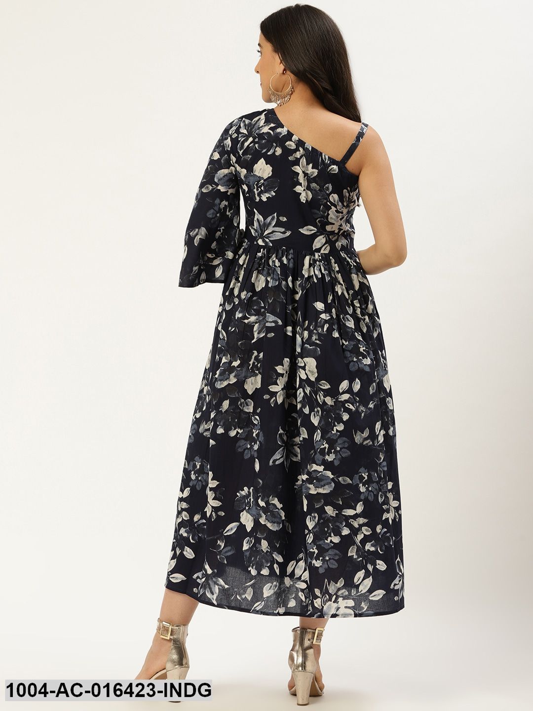 Indigo Blue Floral Printed One Shoulder Cotton A-Line Dress