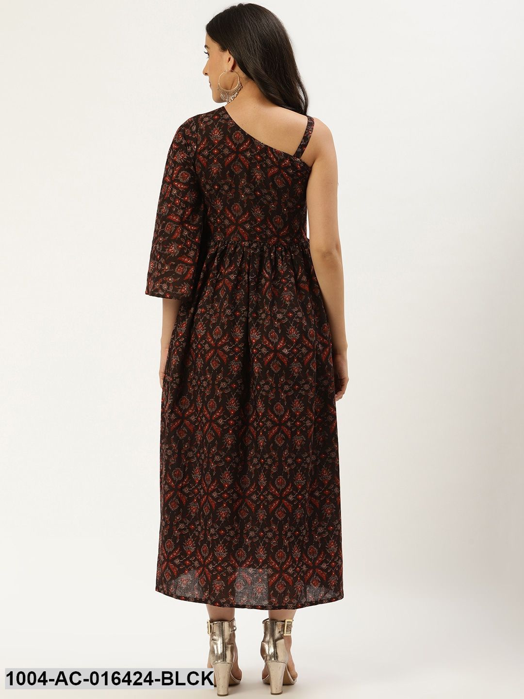 Black Ethnic Motifs Printed One Shoulder Cotton A-Line Dress