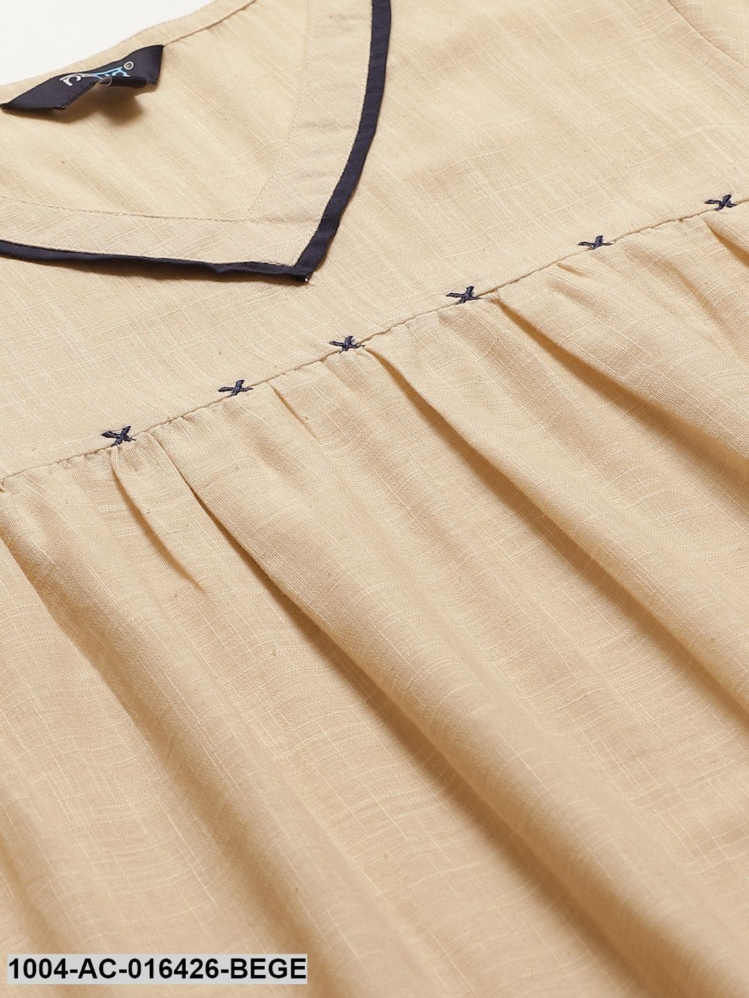 Beige Solid Solid V-Neck Cotton A-Line Dress