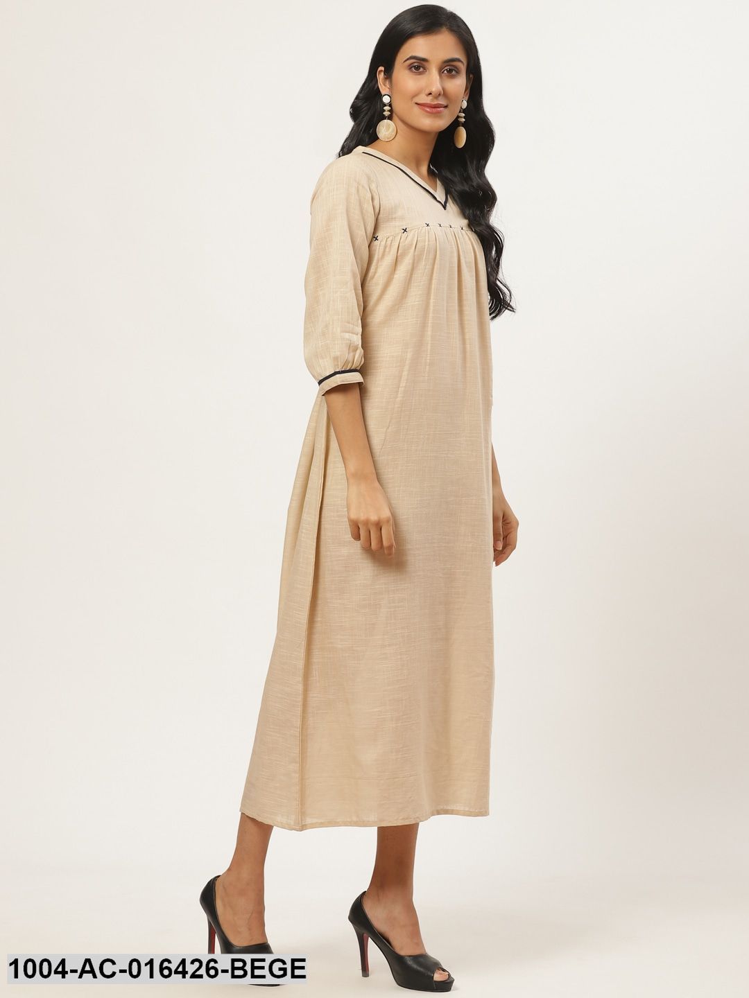 Beige Solid Solid V-Neck Cotton A-Line Dress