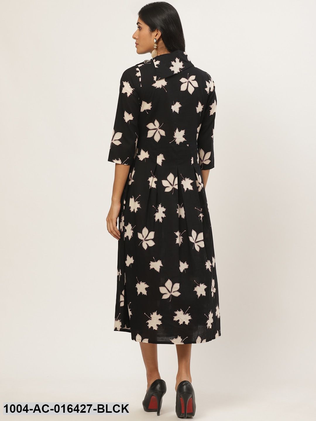 Black Floral Printed Shirt Collar Cotton Fit and Flare Dress