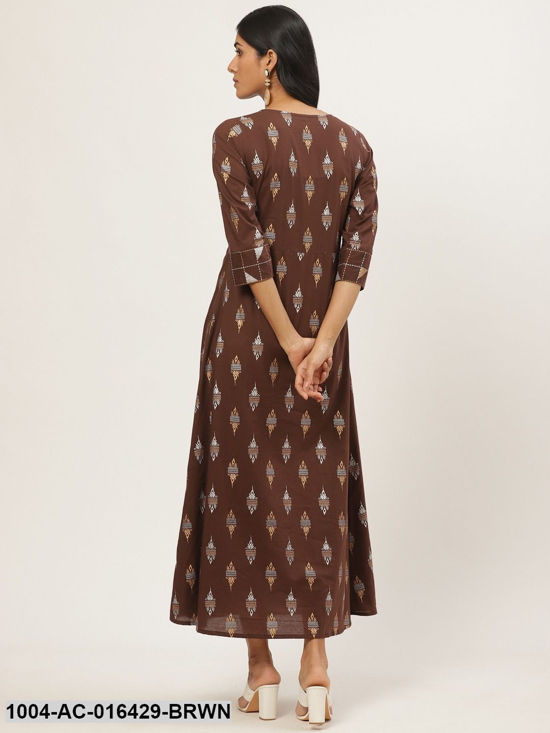 Brown Ethnic Motifs Printed Round Neck Cotton Fit and Flare Dress