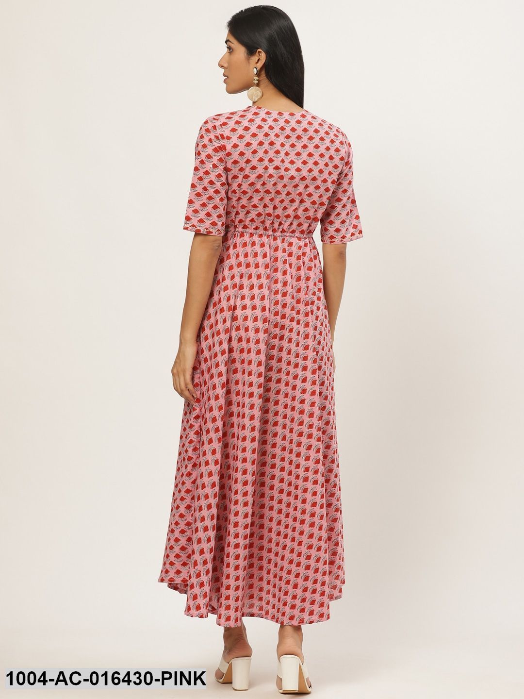 Pink Floral Printed Square Neck Cotton Fit and Flare Dress