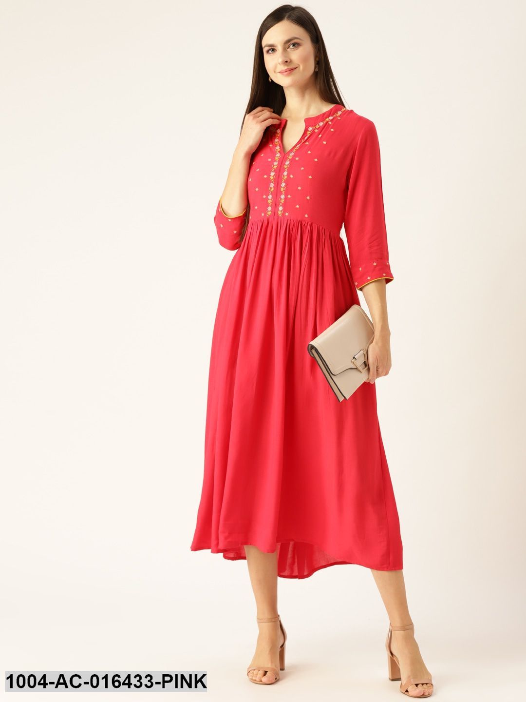Pink Self Design Solid Mandarin Collar Viscose Rayon Fit and Flare Dress