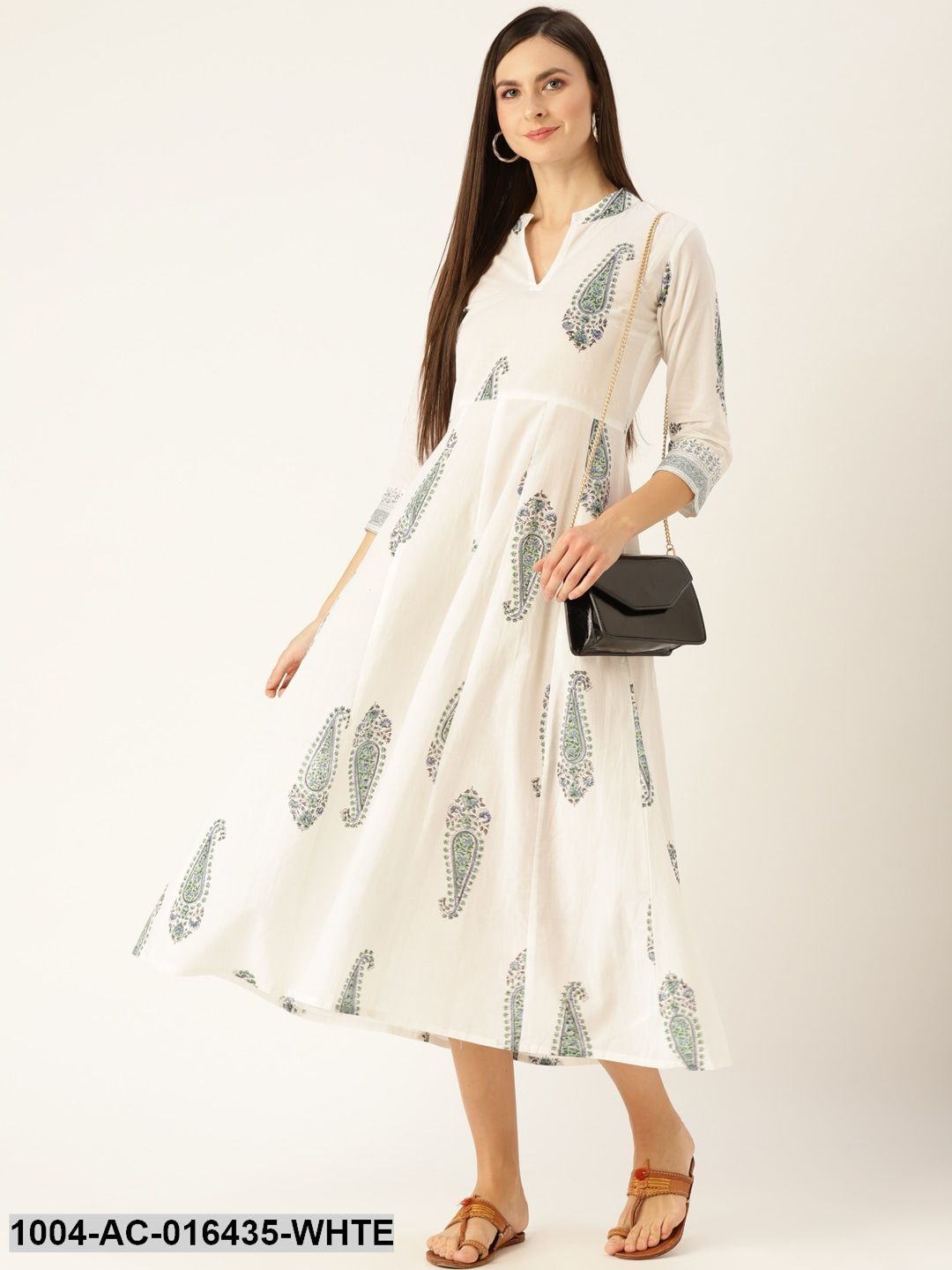 White Floral Printed Mandarin Collar Cotton Maxi Dress