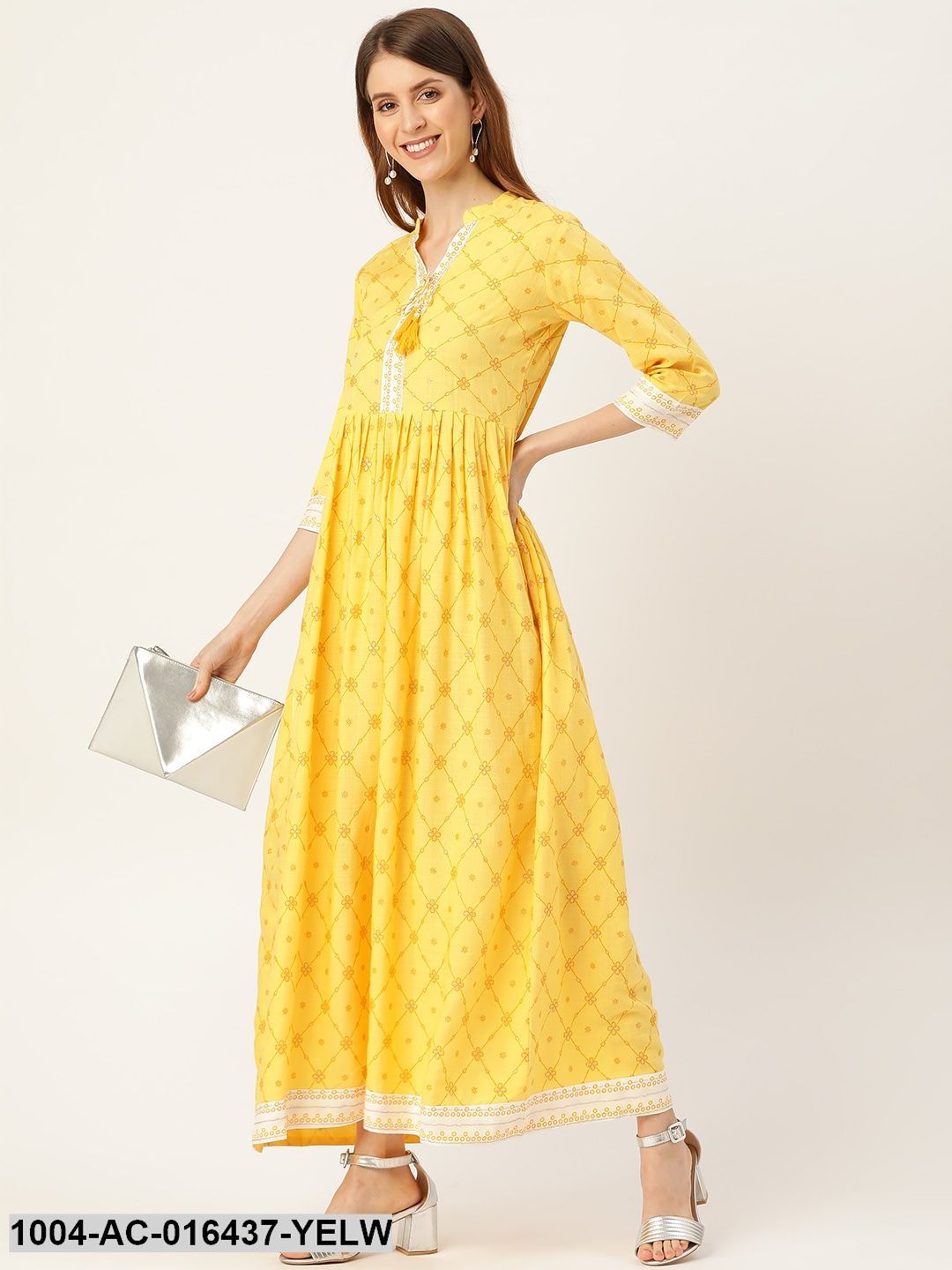 Yellow Floral Printed Mandarin Collar Viscose Rayon Fit and Flare Dress