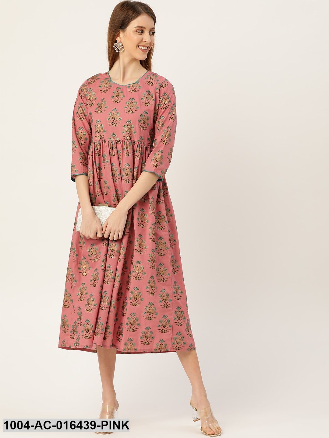 Pink Ethnic Motifs Printed Square Neck Cotton Maxi Dress
