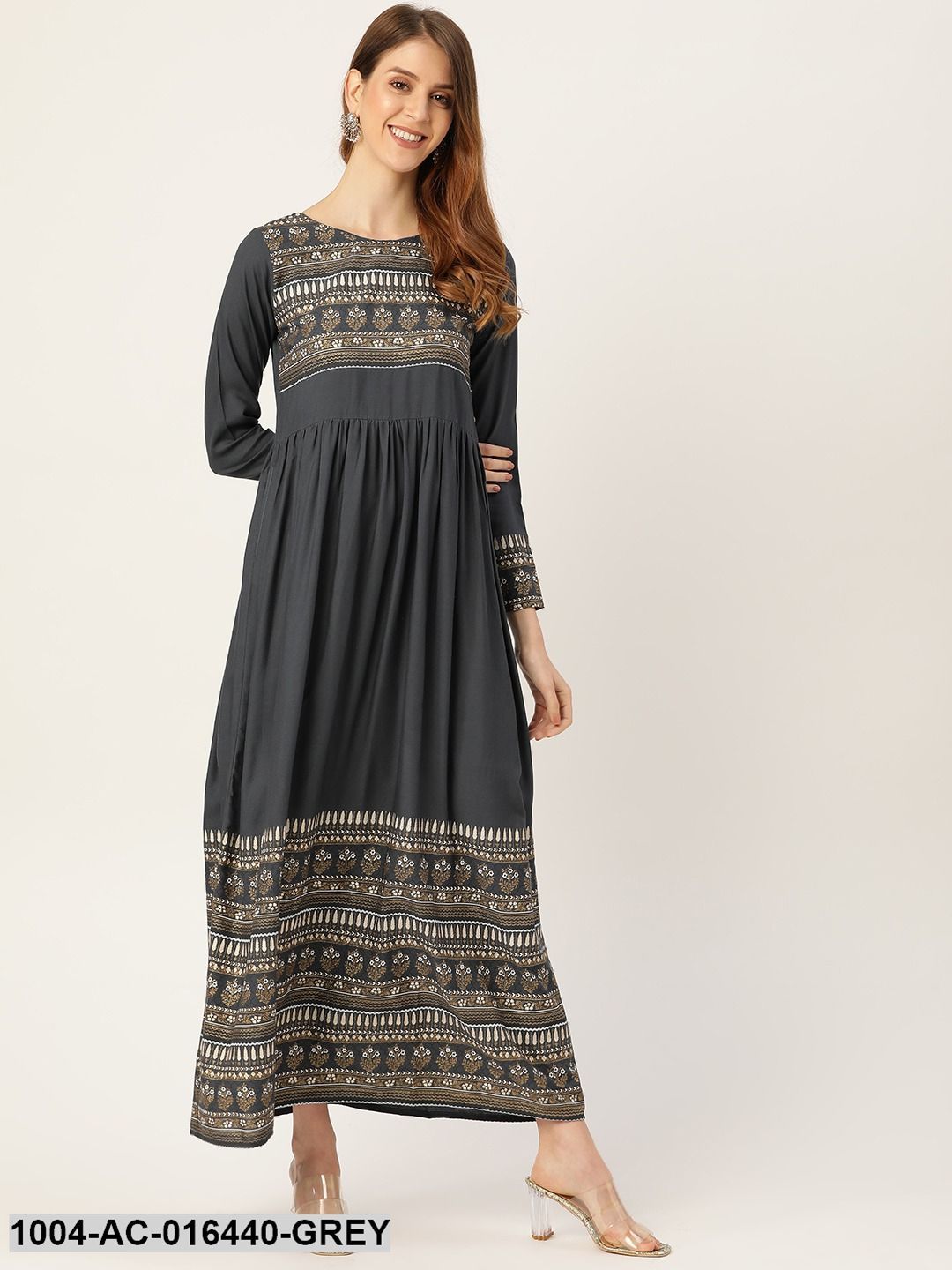Grey Self Design Self Design Round Neck Viscose Rayon Maxi Dress
