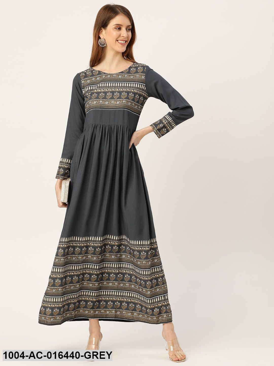Grey Self Design Self Design Round Neck Viscose Rayon Maxi Dress