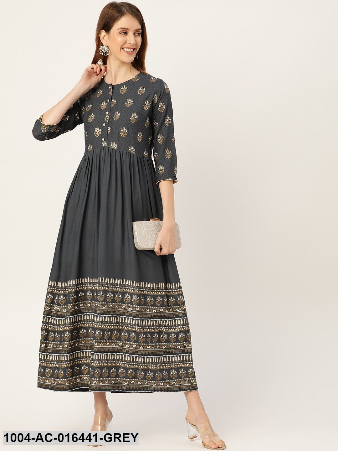 Grey Self Design Self Design Round Neck Viscose Rayon Maxi Dress