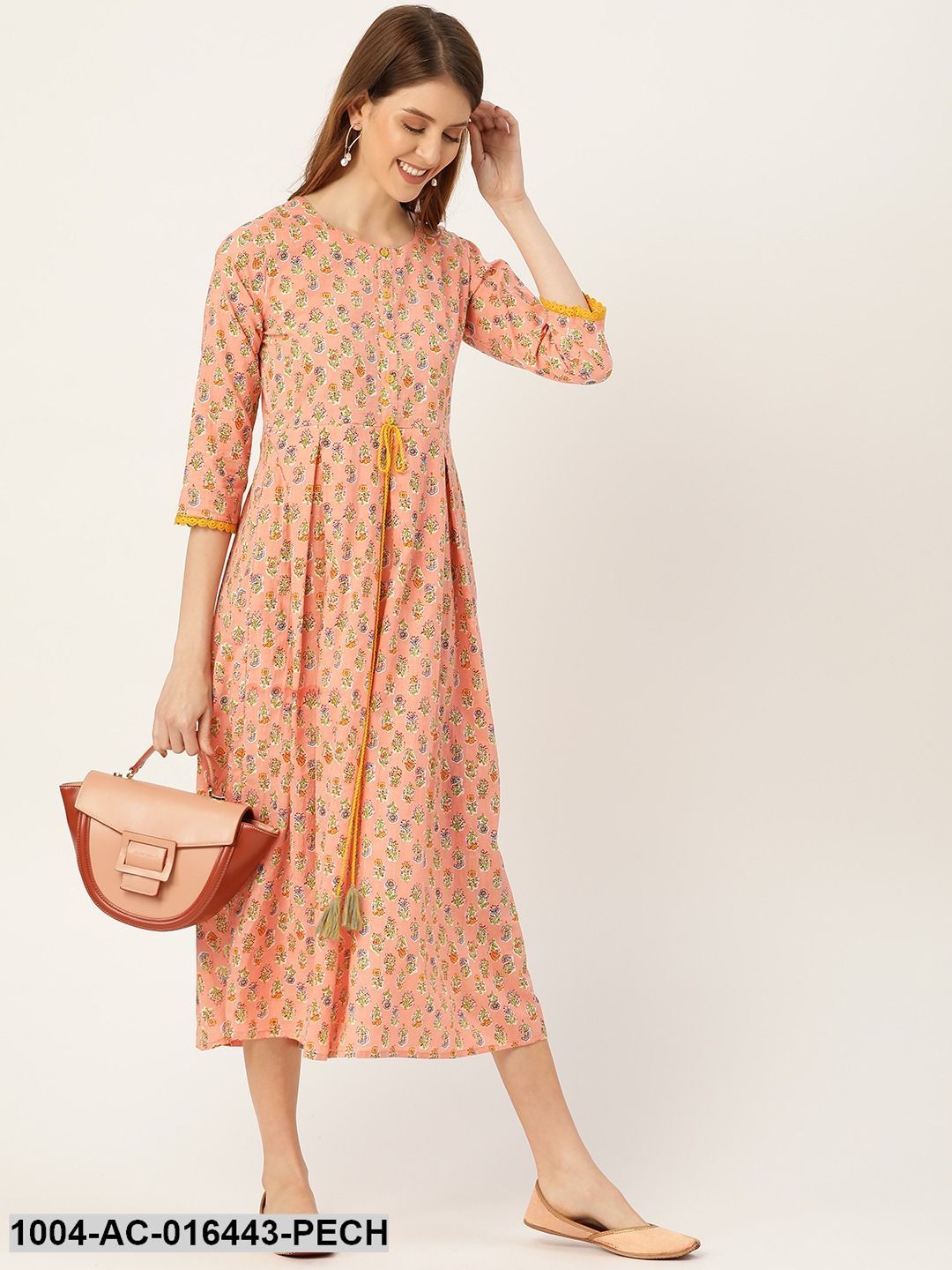 Peach Ethnic Motifs Printed Round Neck Cotton Maxi Dress