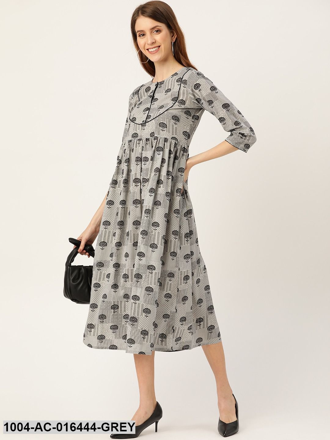 Grey Floral Printed Round Neck Cotton A-Line Dress