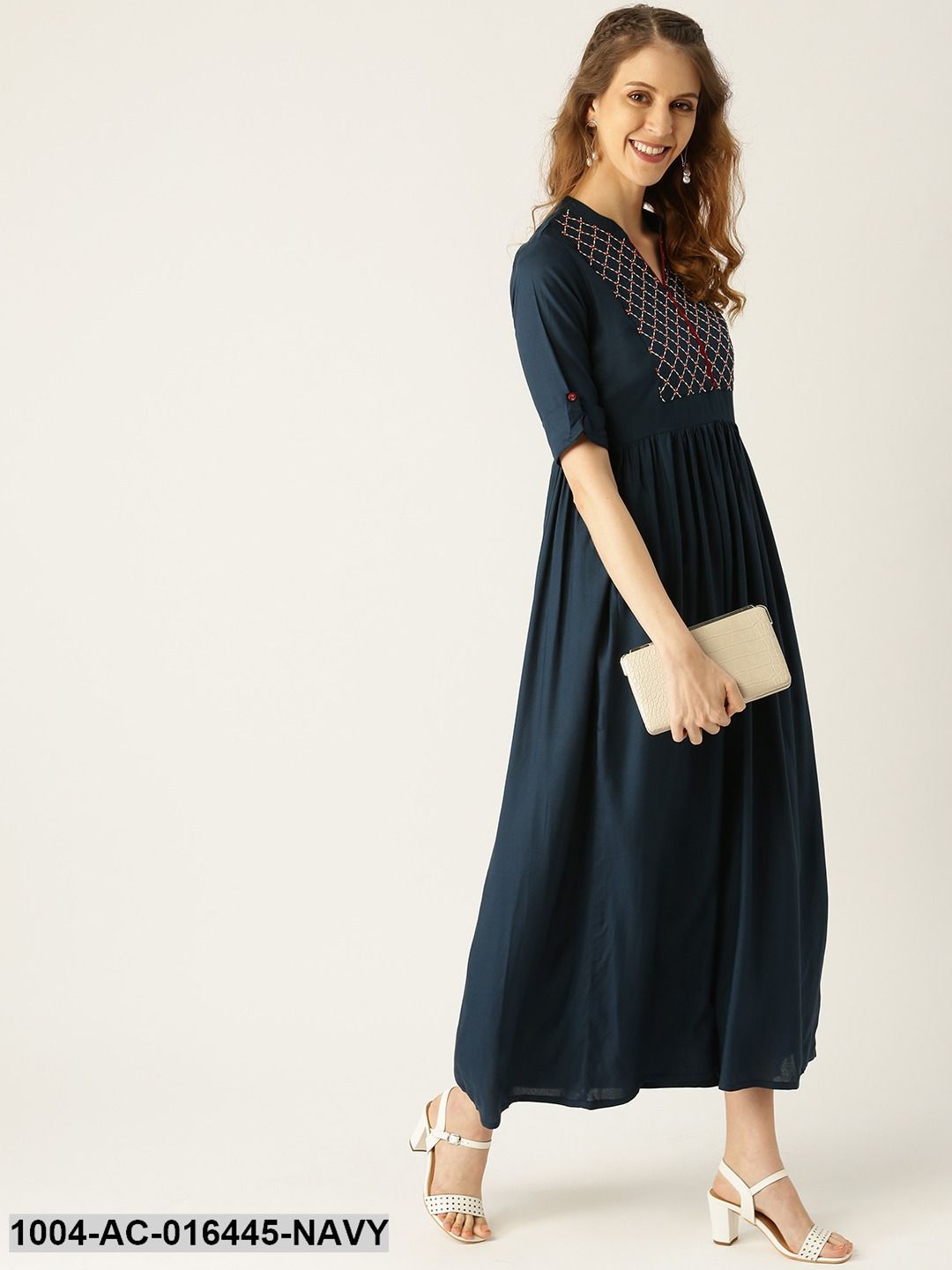 Navy Blue Solid Solid Mandarin Collar Viscose Rayon A-Line Dress