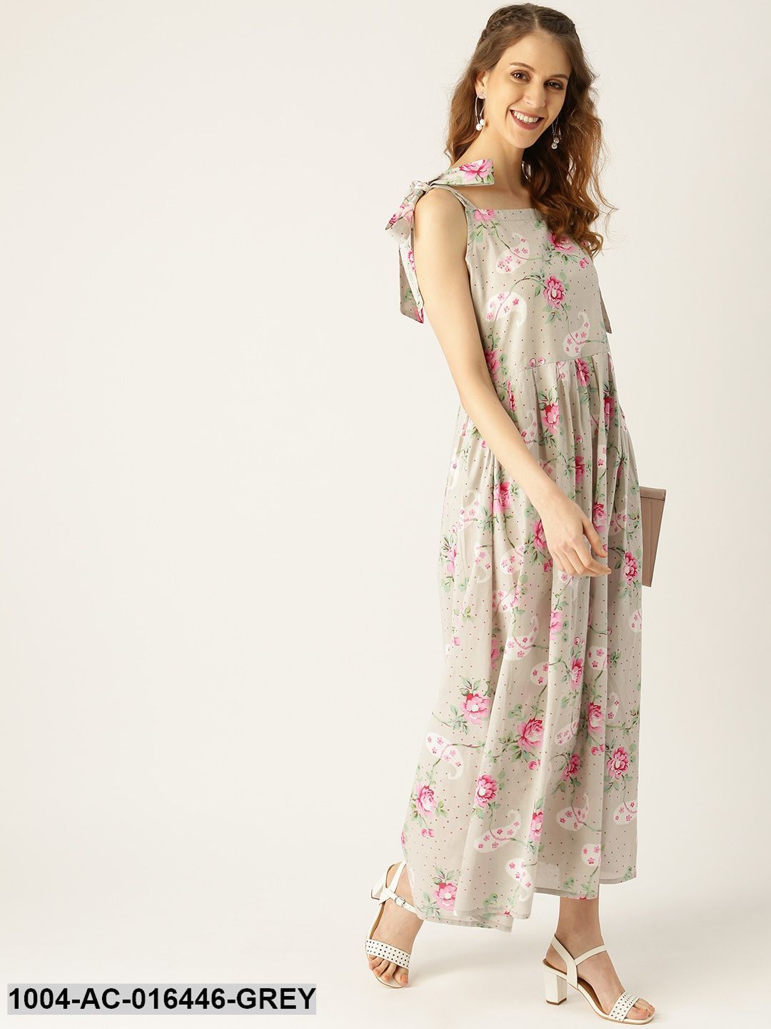 Grey Floral Printed Halter Neck Cotton Fit and Flare Dress