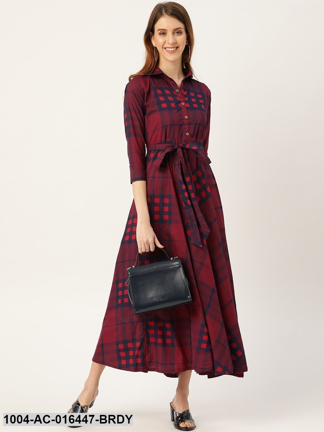 Burgundy Checked Printed Shirt Collar Cotton Fit and Flare Dress