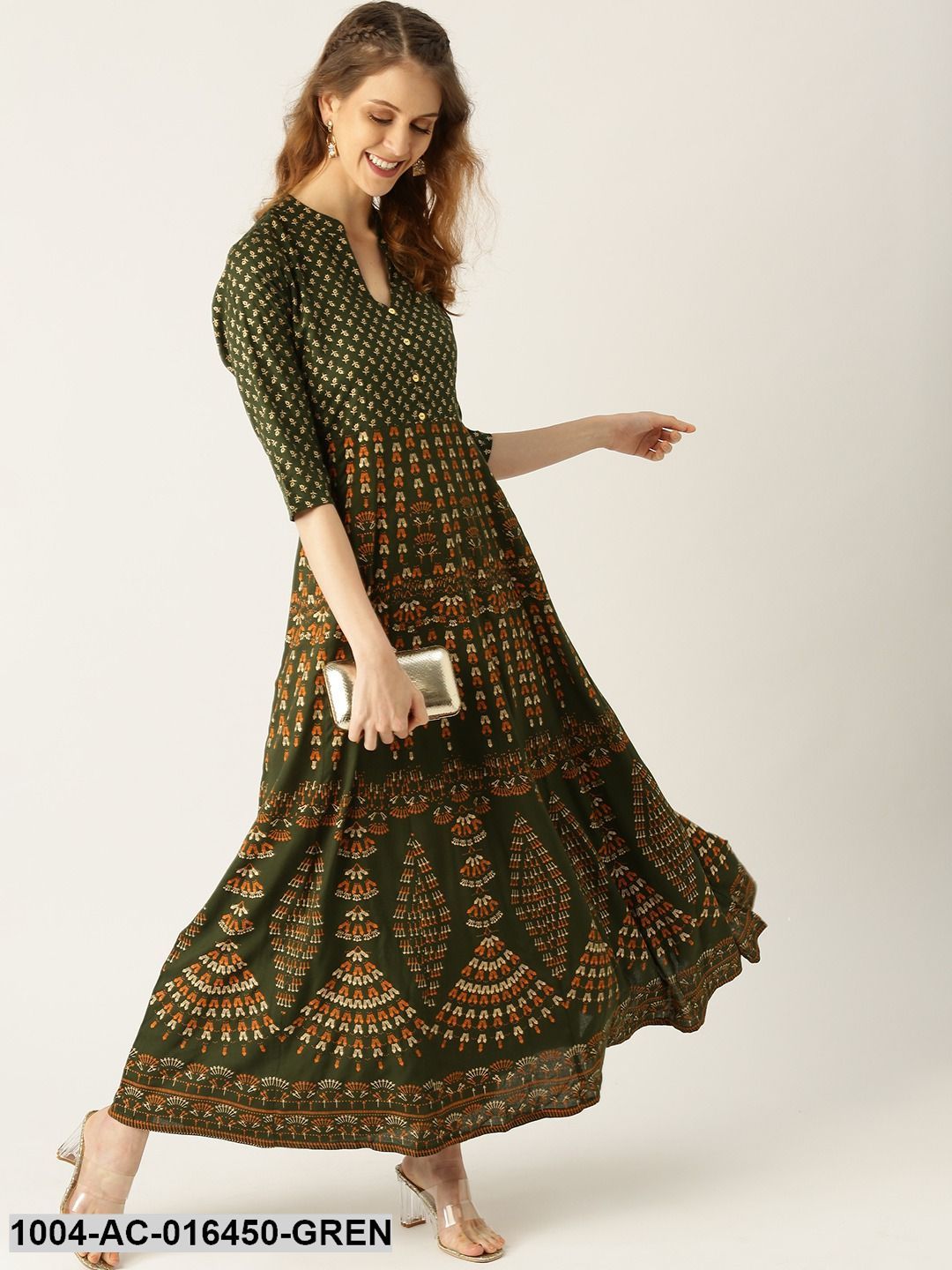 Green Floral Printed Mandarin Collar Viscose Rayon Fit and Flare Dress