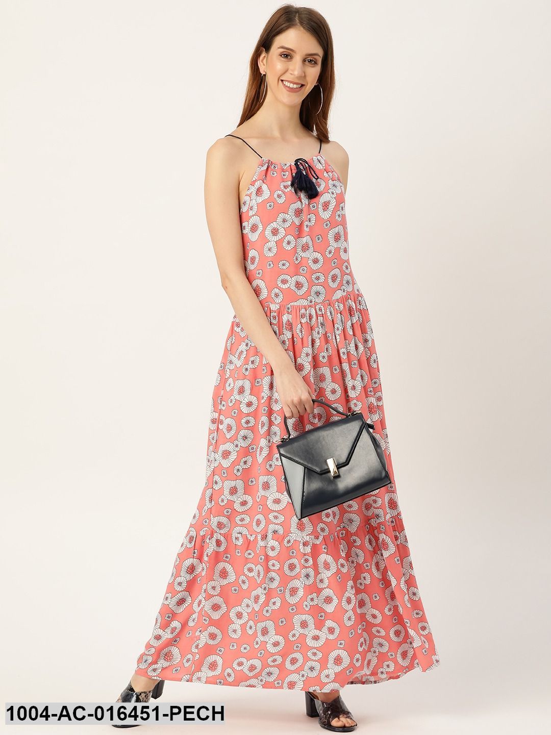 Peach Conversational Printed Halter Neck Viscose Rayon A-Line Dress