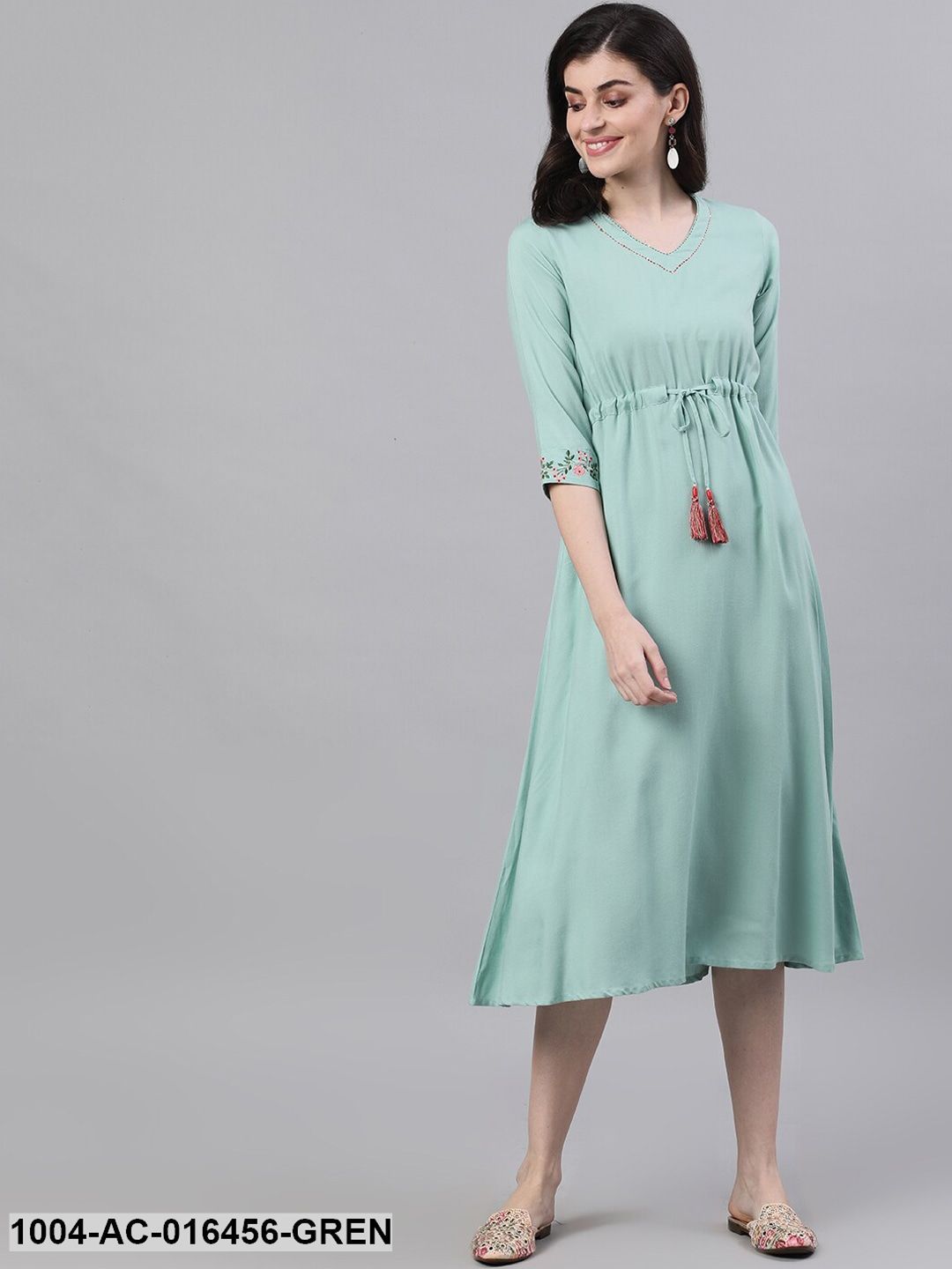 Sage Green Solid Solid V-Neck Viscose Rayon Maxi Dress
