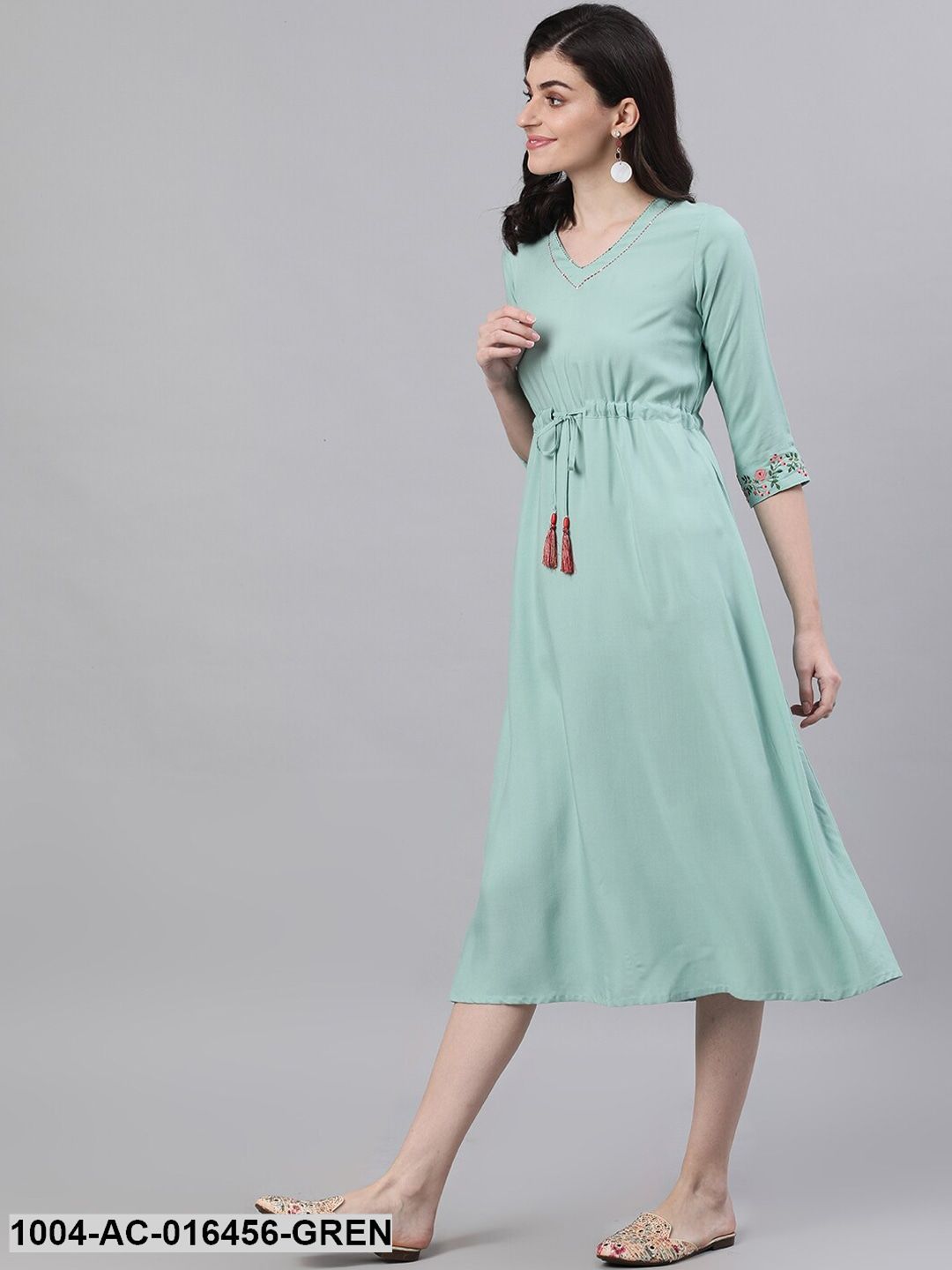Sage Green Solid Solid V-Neck Viscose Rayon Maxi Dress