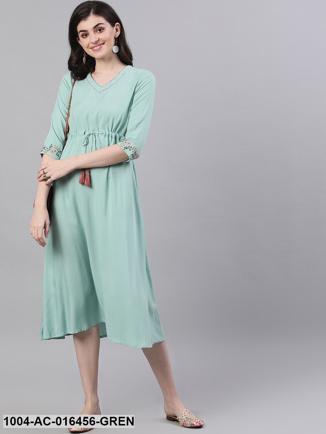 Sage Green Solid Solid V-Neck Viscose Rayon Maxi Dress