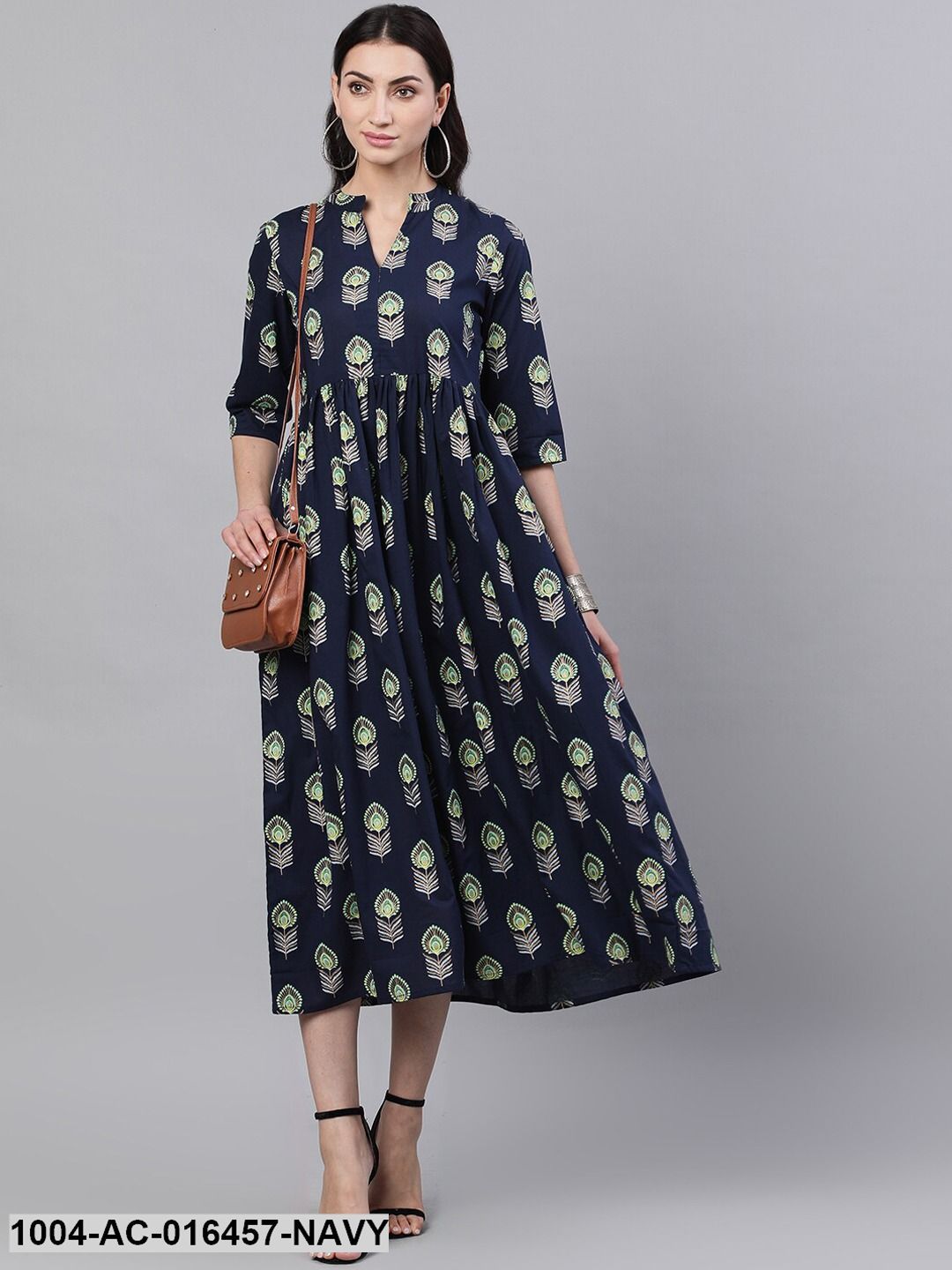 Navy Blue Ethnic Motifs Printed Mandarin Collar Cotton Maxi Dress