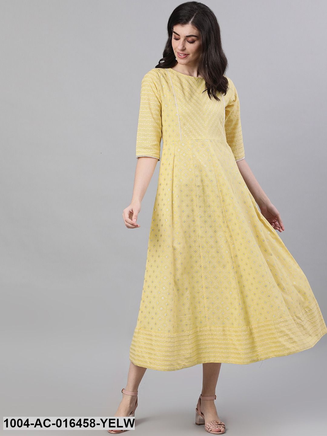 Lemon Yellow Ethnic Motifs Printed Round Neck Cotton Maxi Dress