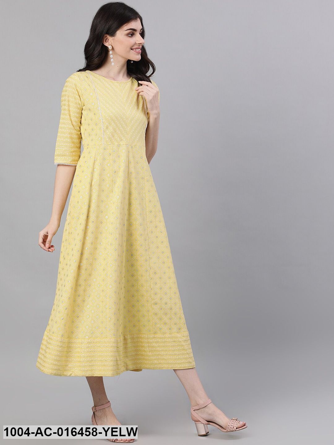 Lemon Yellow Ethnic Motifs Printed Round Neck Cotton Maxi Dress