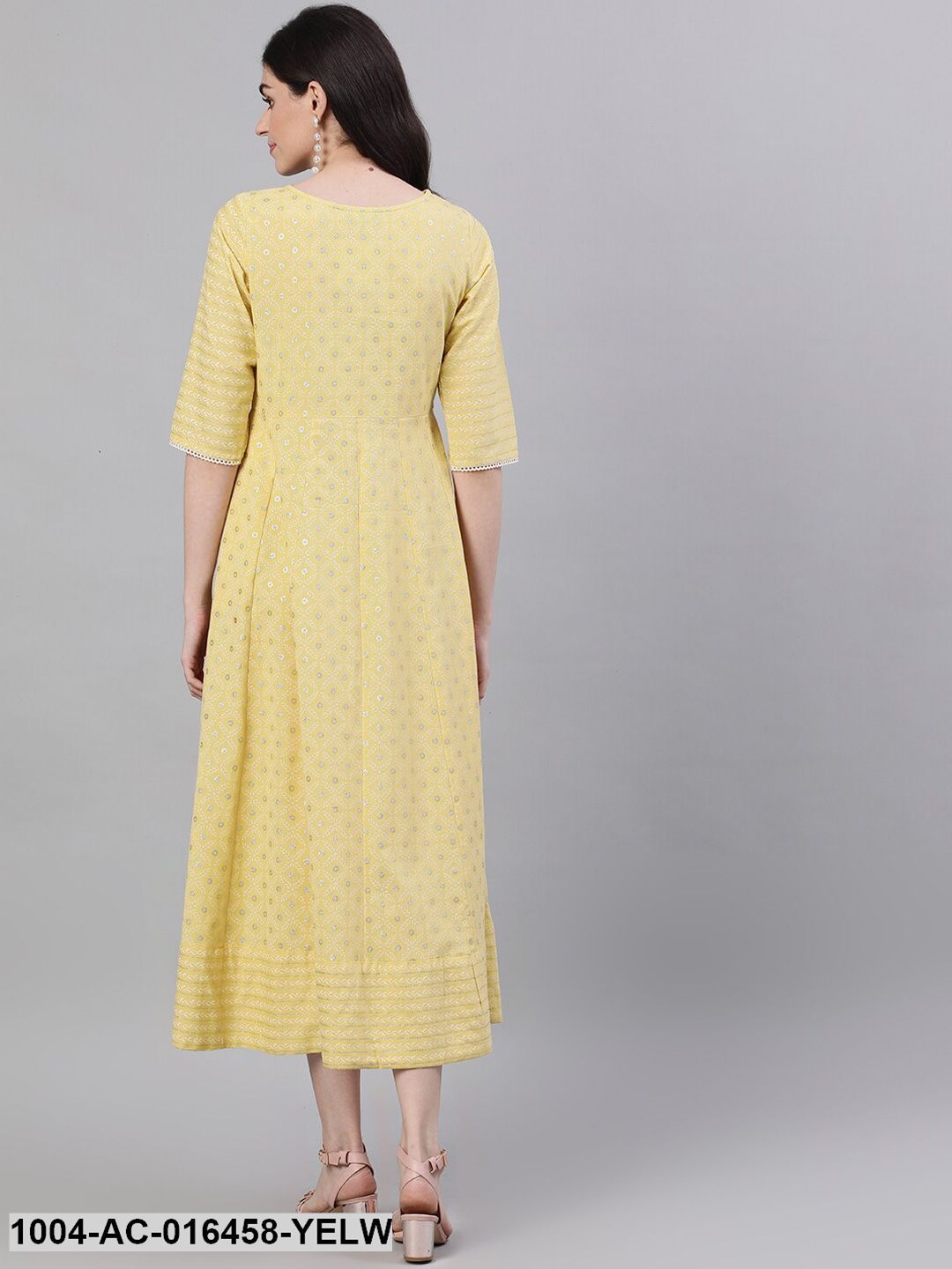 Lemon Yellow Ethnic Motifs Printed Round Neck Cotton Maxi Dress