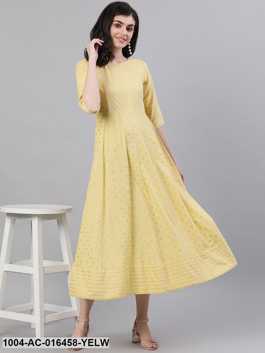 Lemon Yellow Ethnic Motifs Printed Round Neck Cotton Maxi Dress