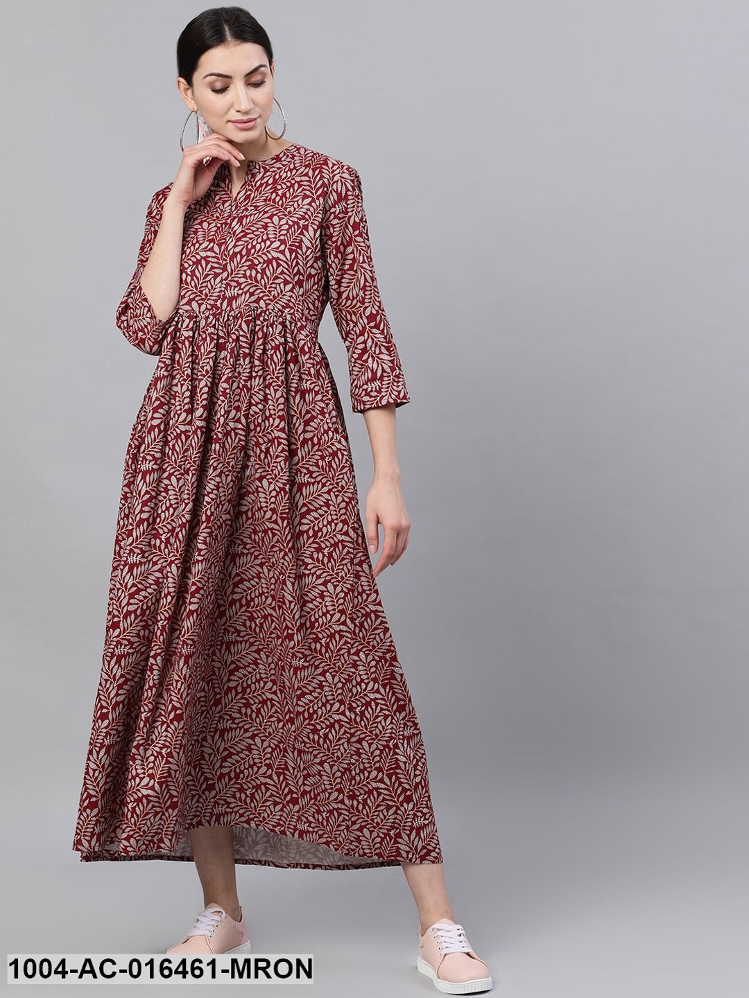 Maroon Floral Printed Mandarin Collar Cotton Maxi Dress