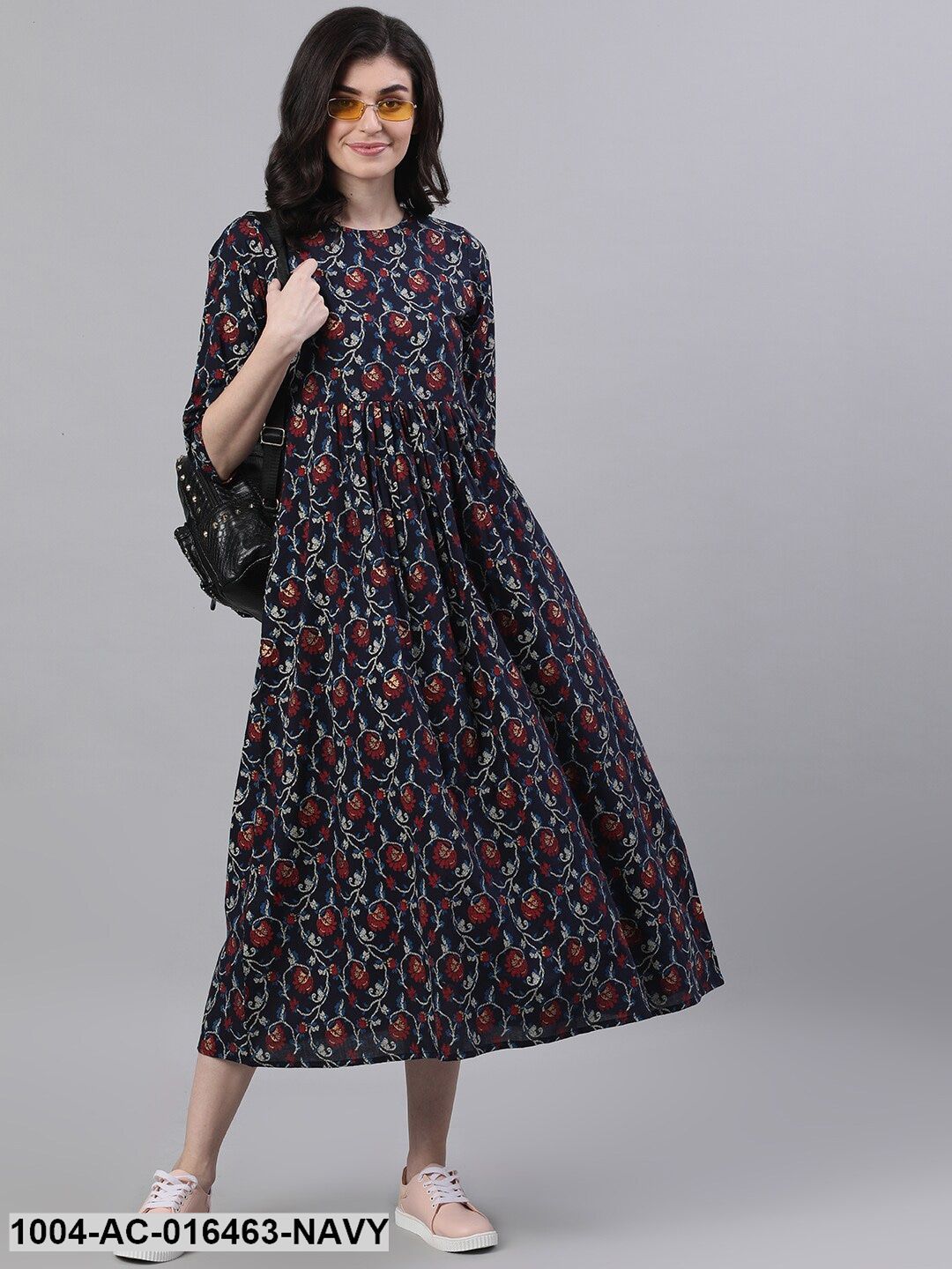 Navy Blue Floral Printed Round Neck Cotton Maxi Dress