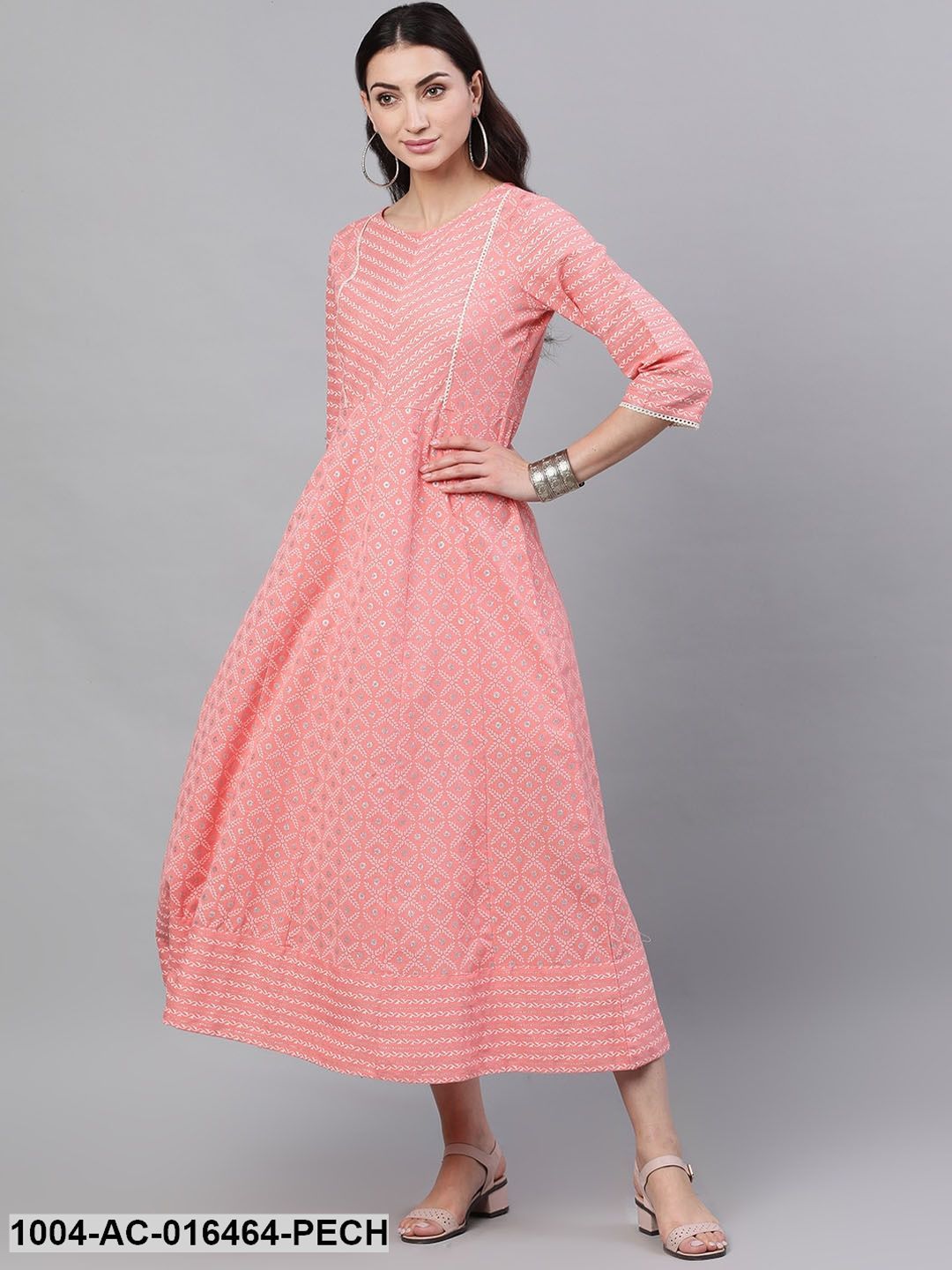 Pink Ethnic Motifs Checked Round Neck Cotton Maxi Dress