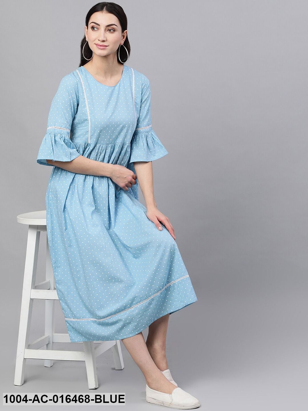 Blue Polka Dots Printed Round Neck Cotton Maxi Dress