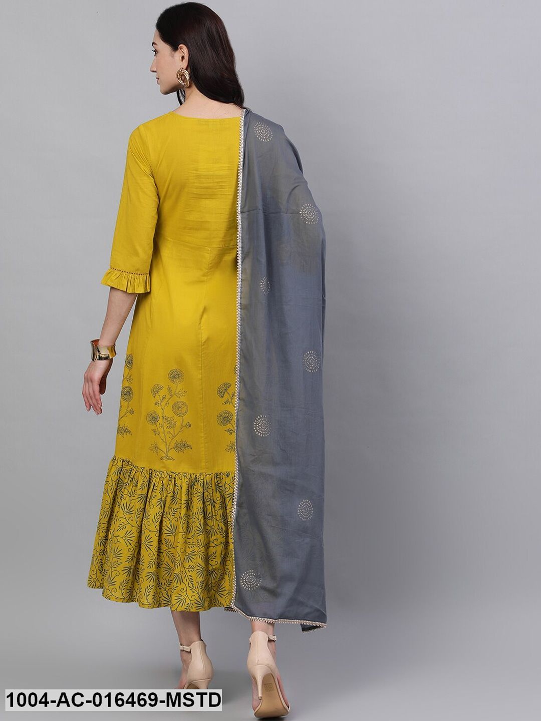 Yellow Floral Printed Round Neck Cotton Maxi Dress With Dupatta