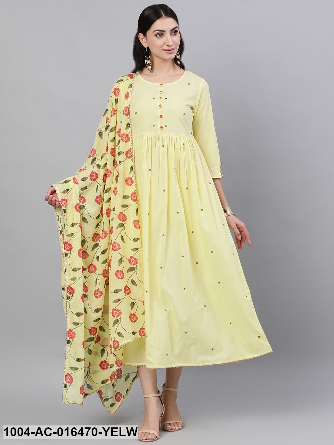Yellow Solid Solid Round Neck Cotton Maxi Dress With Dupatta