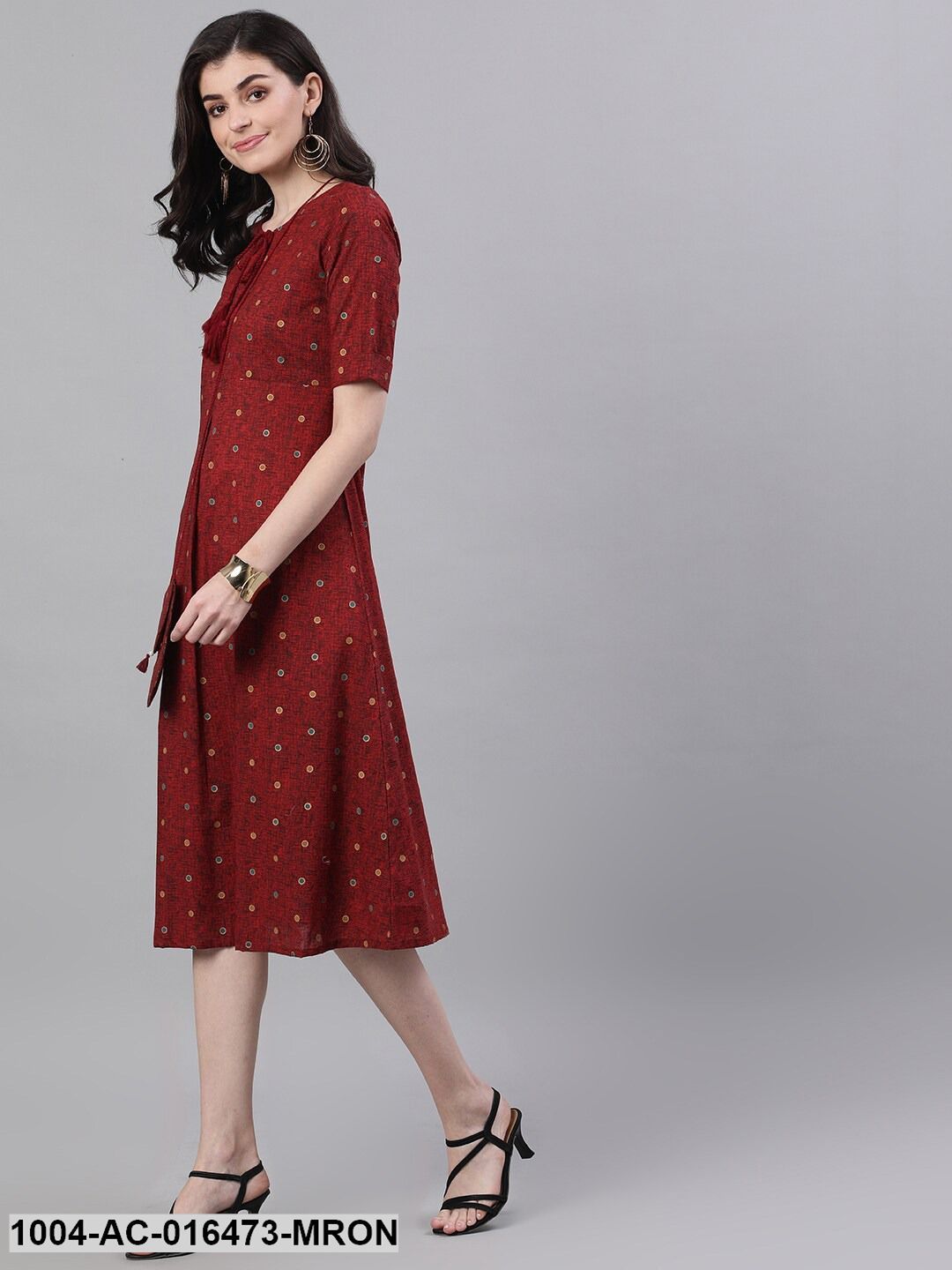 Maroon Polka Dots Printed Tie-Up Neck Polyester A-Line Dress