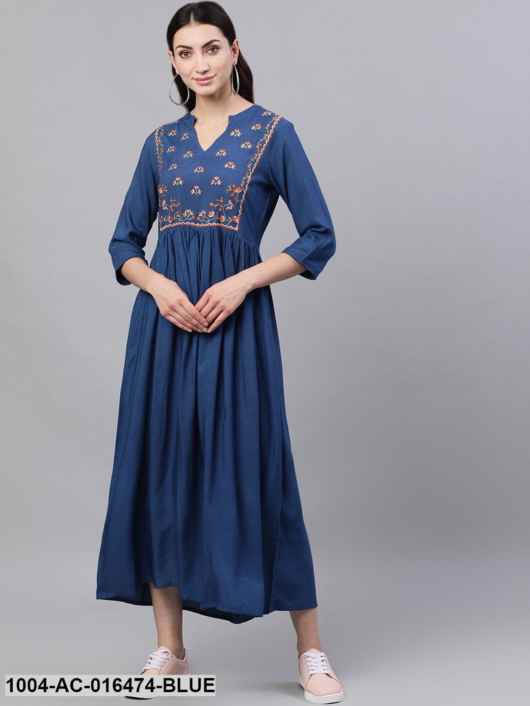 Blue Solid Embroidered Mandarin Collar Viscose Rayon Fit and Flare Dress