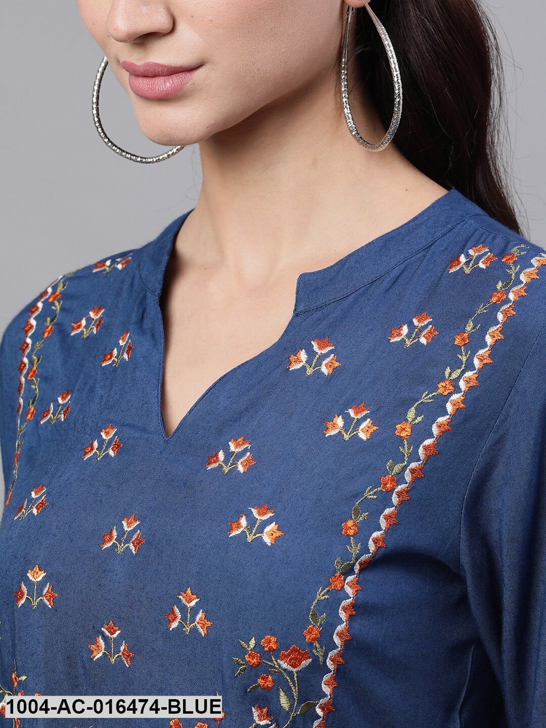 Blue Solid Embroidered Mandarin Collar Viscose Rayon Fit and Flare Dress
